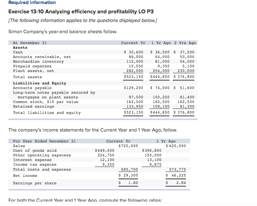  Required information Exercise 13-10 Analyzing efficiency and profitability LO P3 [The