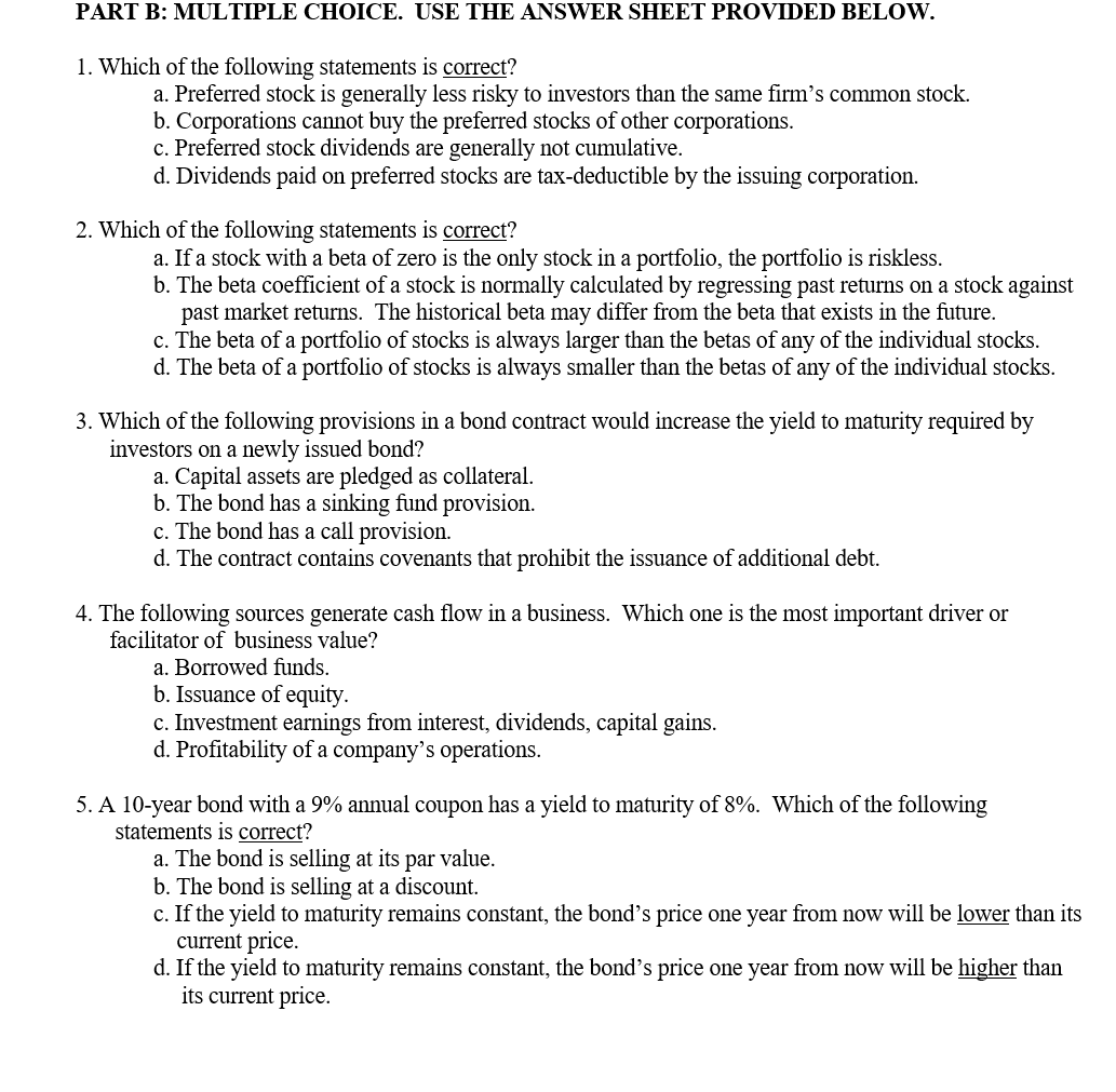  PART B: MULTIPLE CHOICE. USE THE ANSWER SHEET PROVIDED BELOW. 1.