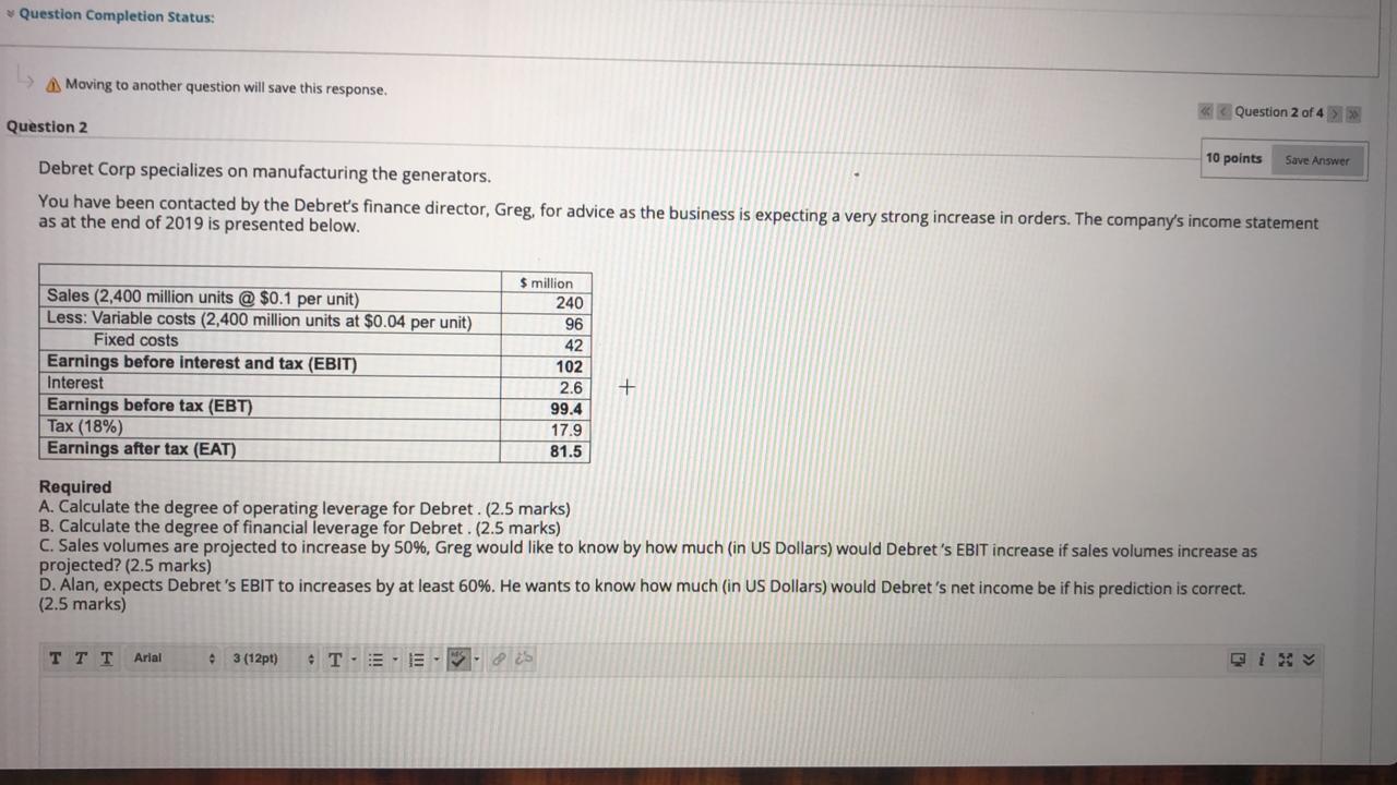 Finanace question please help me Question Completion Status: Moving to another