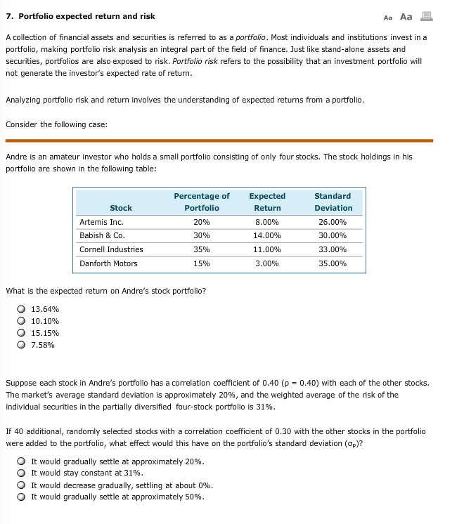 7. Portfolio expected return and risk Aa Aa A collection of