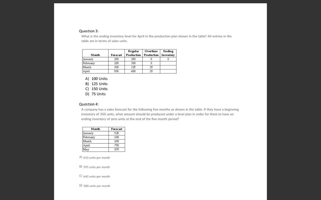  Question 3 What is the ending inventory level for April in