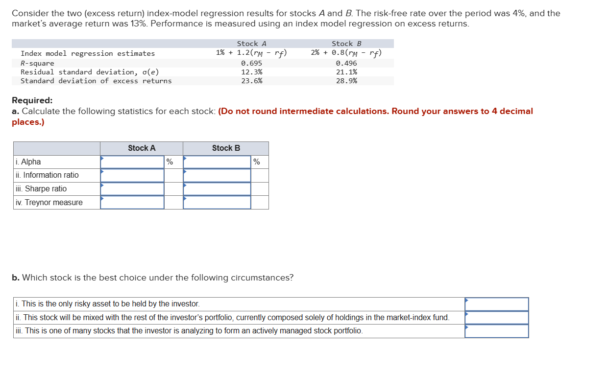Consider the two (excess return) index-model regression results for stocks A