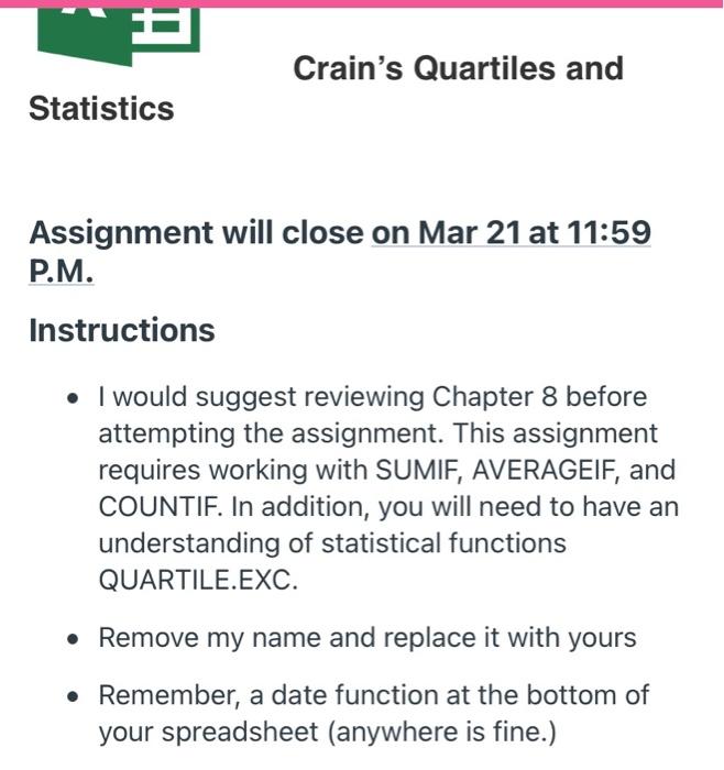  AL Crain's Quartiles and Statistics Assignment will close on Mar 21