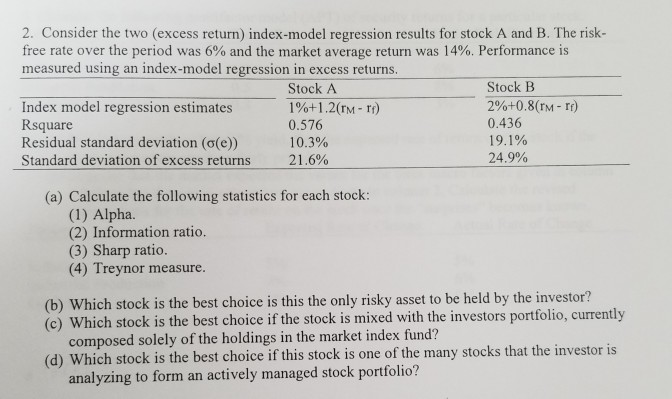  2. Consider the two (excess return) index-model regression results for stock