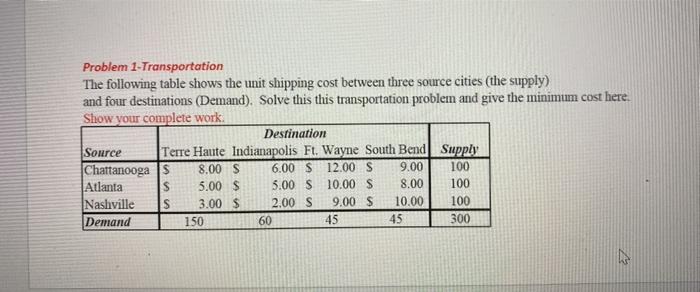  please solve using excel Problem 1-Transportation The following table shows the