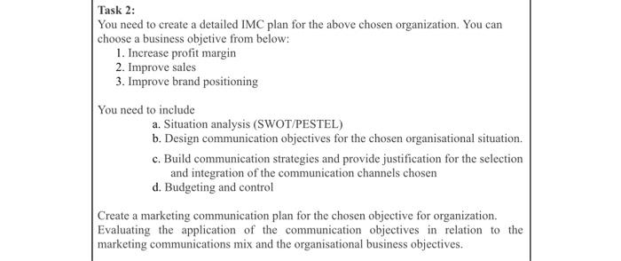  Task 2: You need to create a detailed IMC plan for