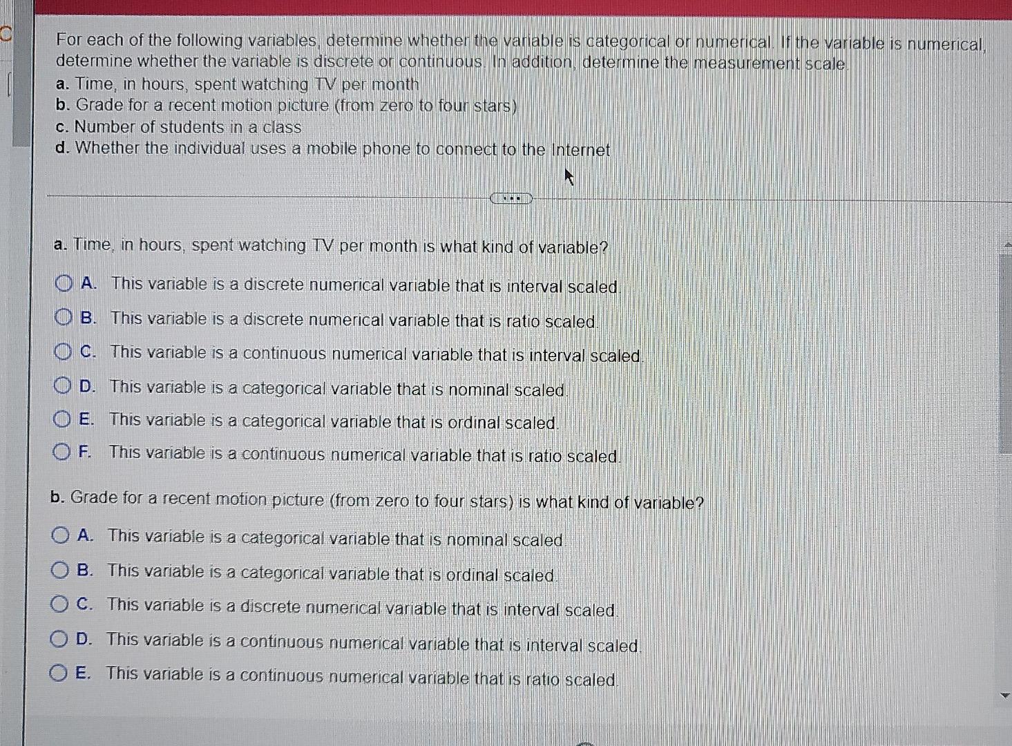  For each of the following variables, determine whether the variable is