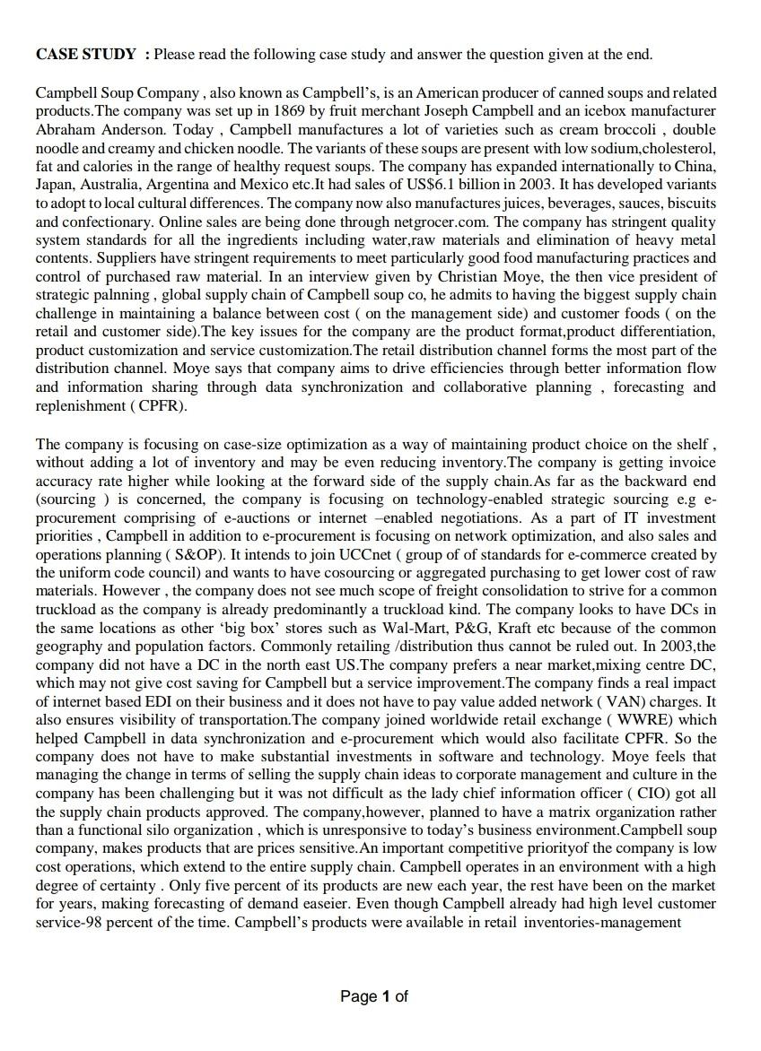 supply chain management CASE STUDY : Please read the following case