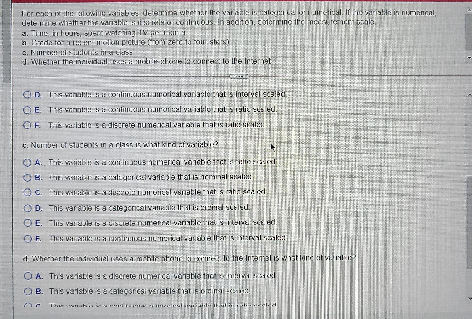 is discrete or continuous In addition determine the measurement scale, a. Time,