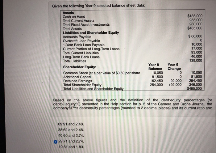  Given the following Year 9 selected balance sheet data: Assets Cash