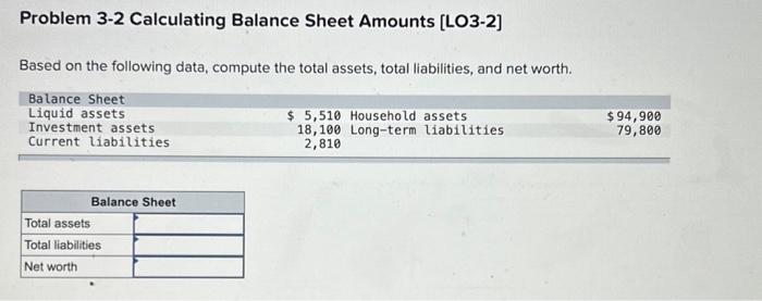  Problem 3-2 Calculating Balance Sheet Amounts [LO3-2] Based on the following
