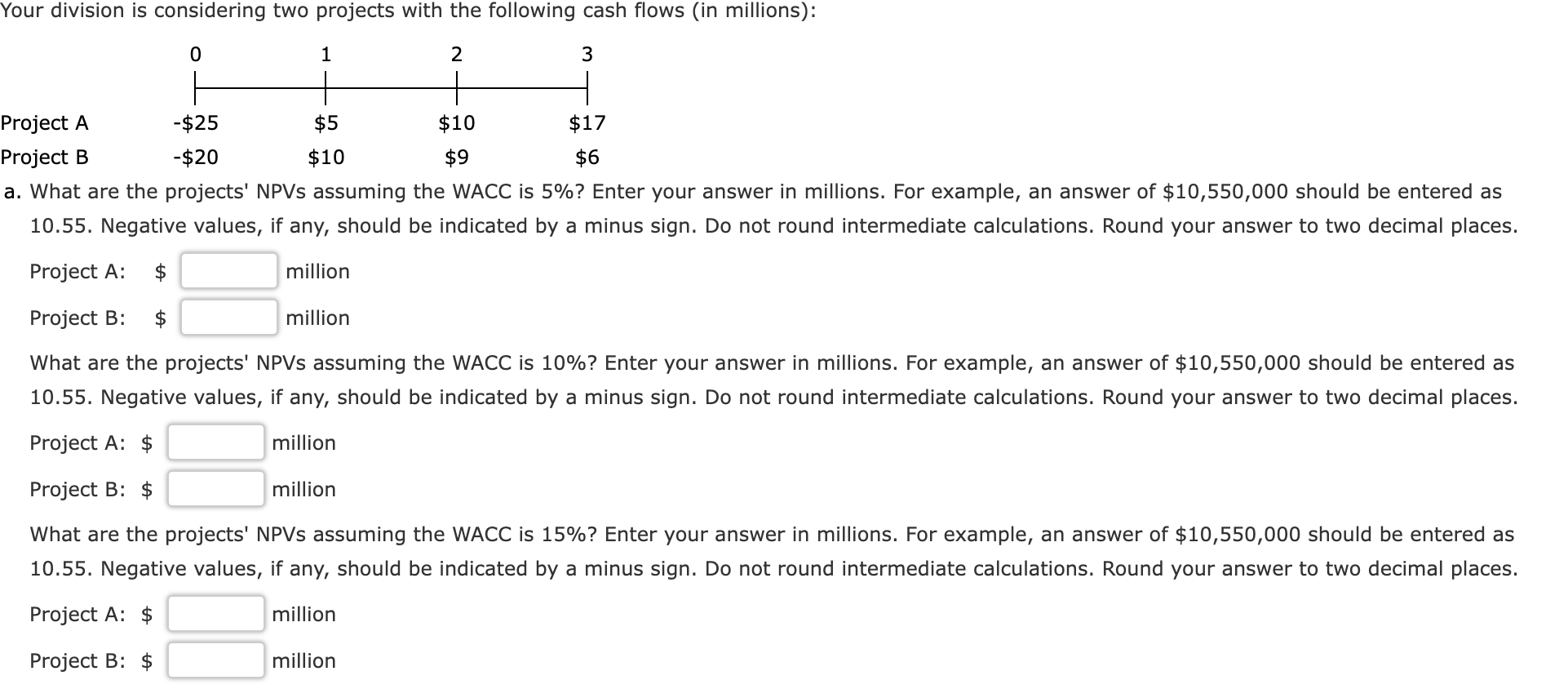 4- Your division is considering two projects with the following cash flows