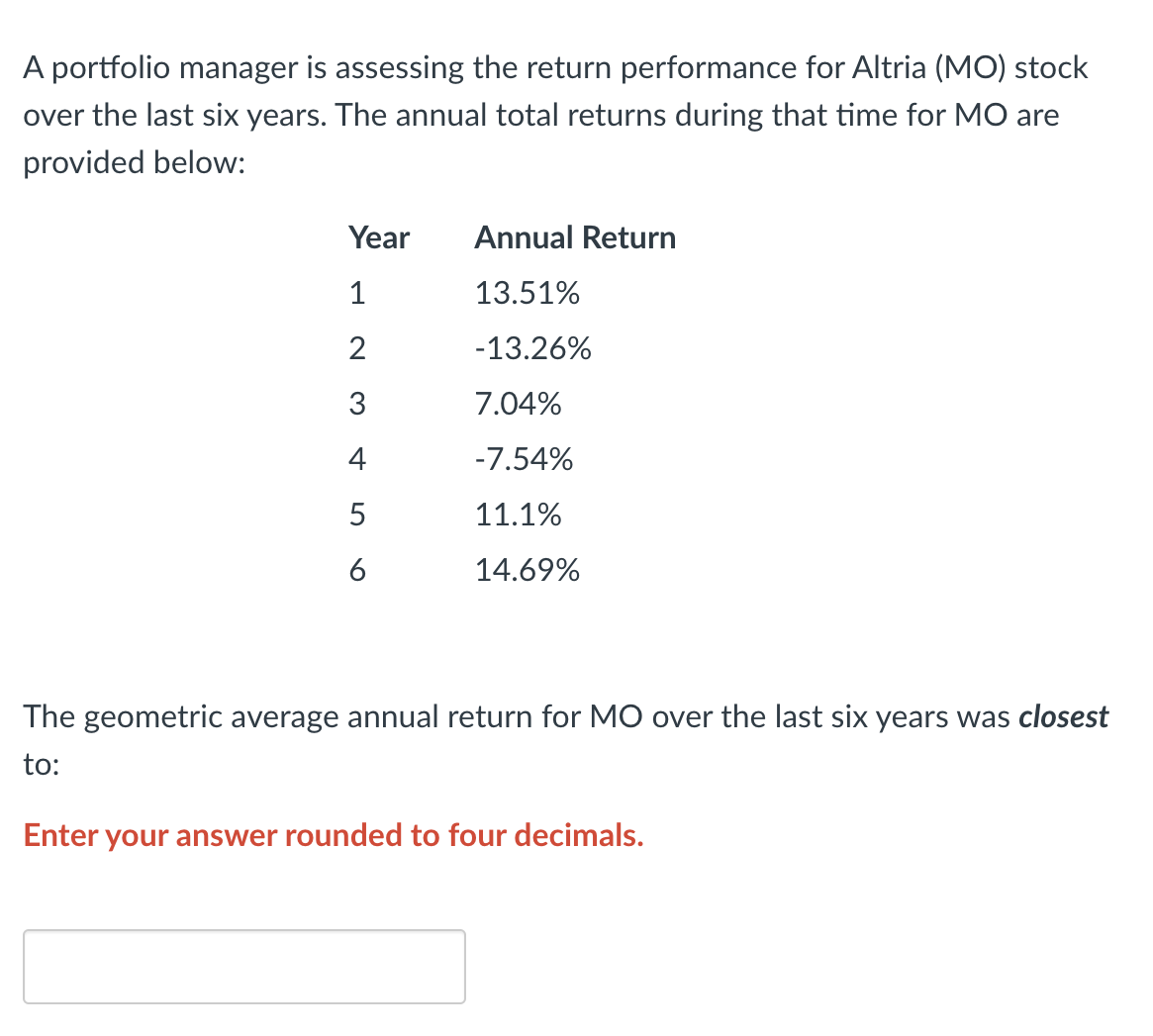 A portfolio manager is assessing the return performance for Altria (MO) stock