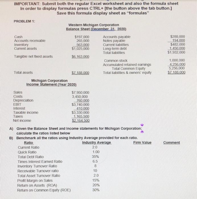  IMPORTANT: Submit both the regular Excel worksheet and also the formula