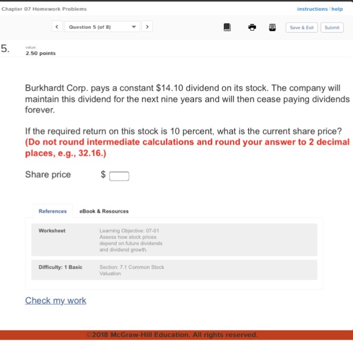  Chapter 07 Homework Problems instructions help Question 5 (of 8) Save