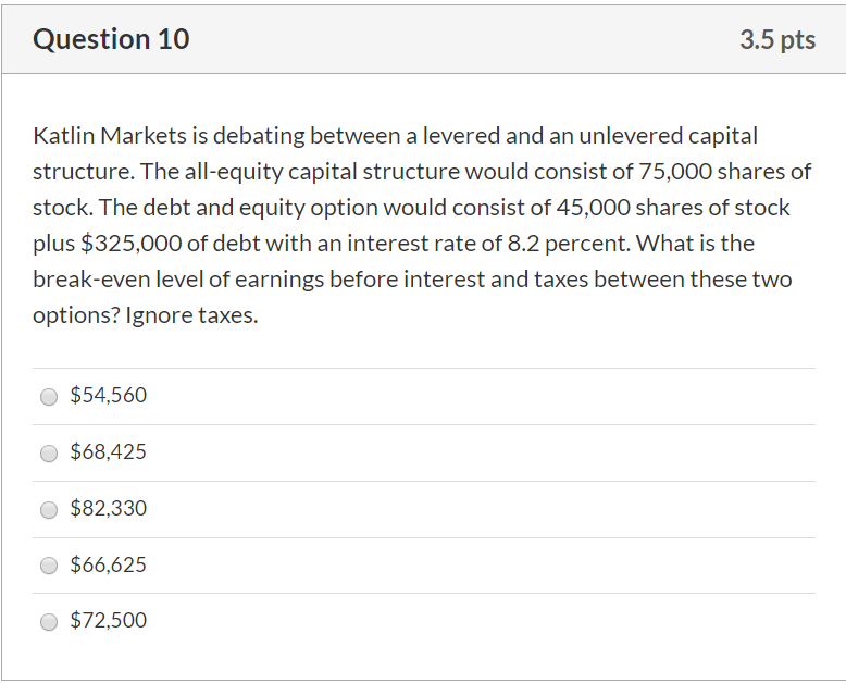  Question 10 3.5 pts Katlin Markets is debating between a levered