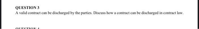 QUESTION 3 A valid contract can be discharged by the parties.