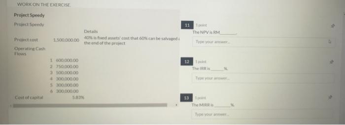 WORK ON THE EXERCISE Project Speedy Project Speedy 11 The NPV