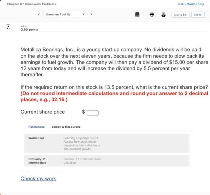  Chapter 07 Homework Problems instructions help Question 7 (of 8) Save