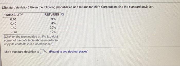  (Standard deviation) Given the following probabilities and returns for Mik's Corporation,