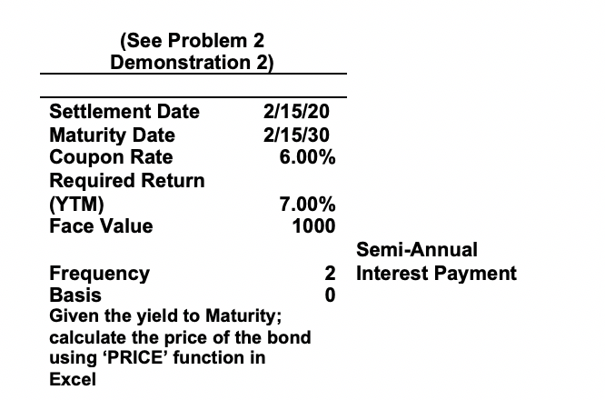 please use excel (See Problem 2 Demonstration 2) Settlement Date 2/15/20 Maturity