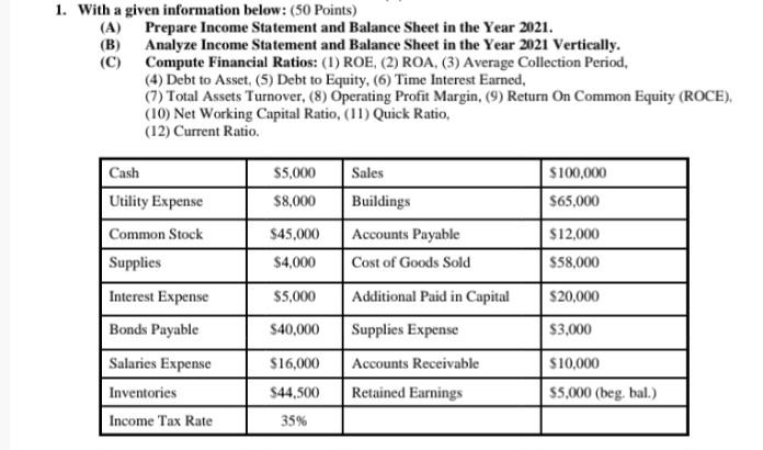  With a given information below: (50 Points) (A) Prepare Income Statement