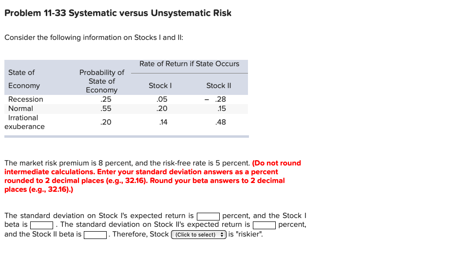 Problem 11-33 Systematic versus Unsystematic Risk Consider the following information on