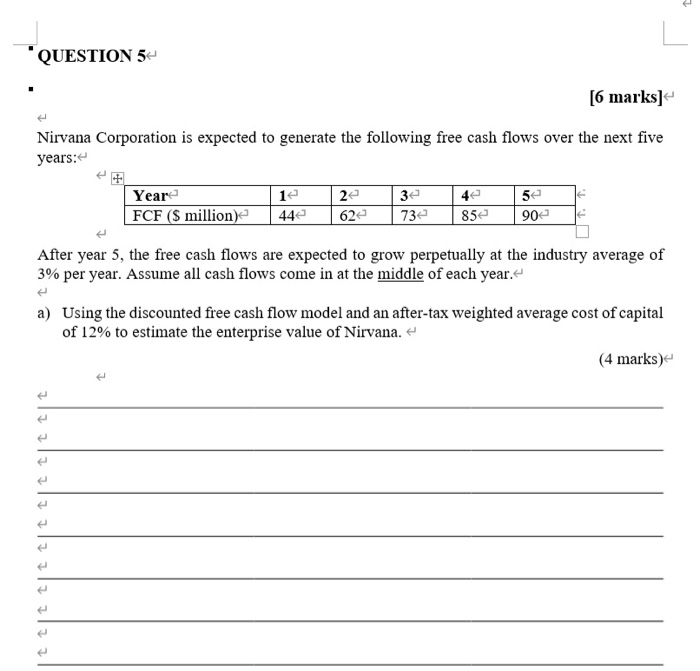  QUESTION 5 [6 marks] Nirvana Corporation is expected to generate the