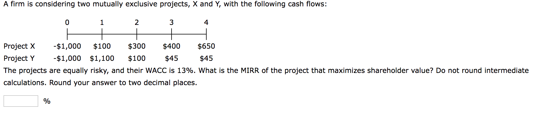 A firm is considering two mutually exclusive projects, X and Y,