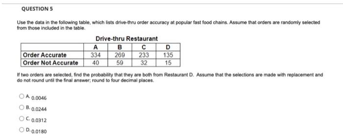  QUESTIONS Use the data in the following table, which lists drive-thru