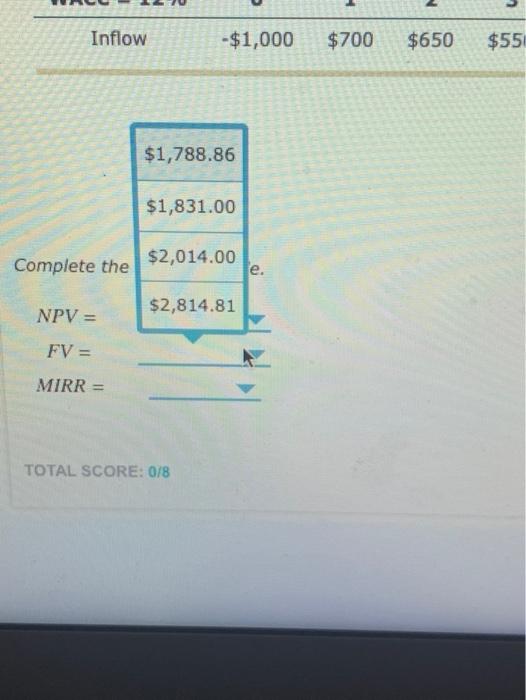 table. NPV = FV = MIRR = WACC = 12% 0 1
