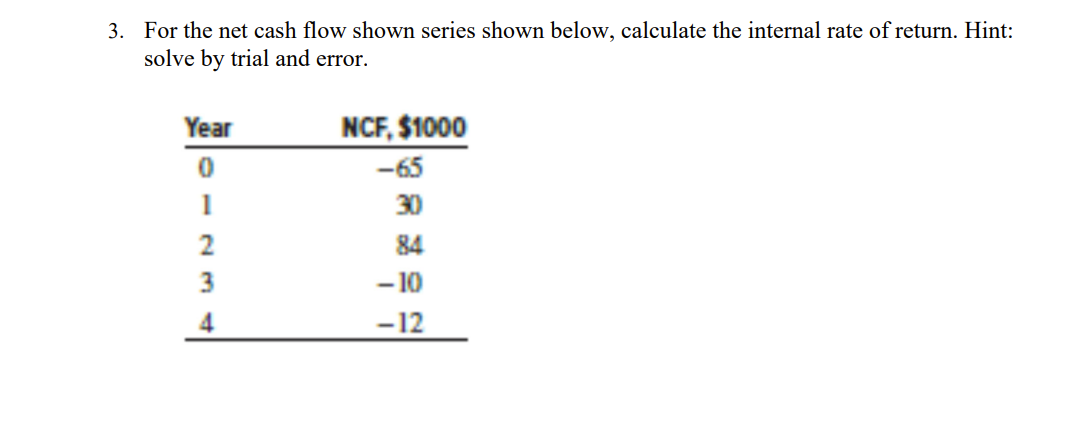 3. For the net cash flow shown series shown below, calculate