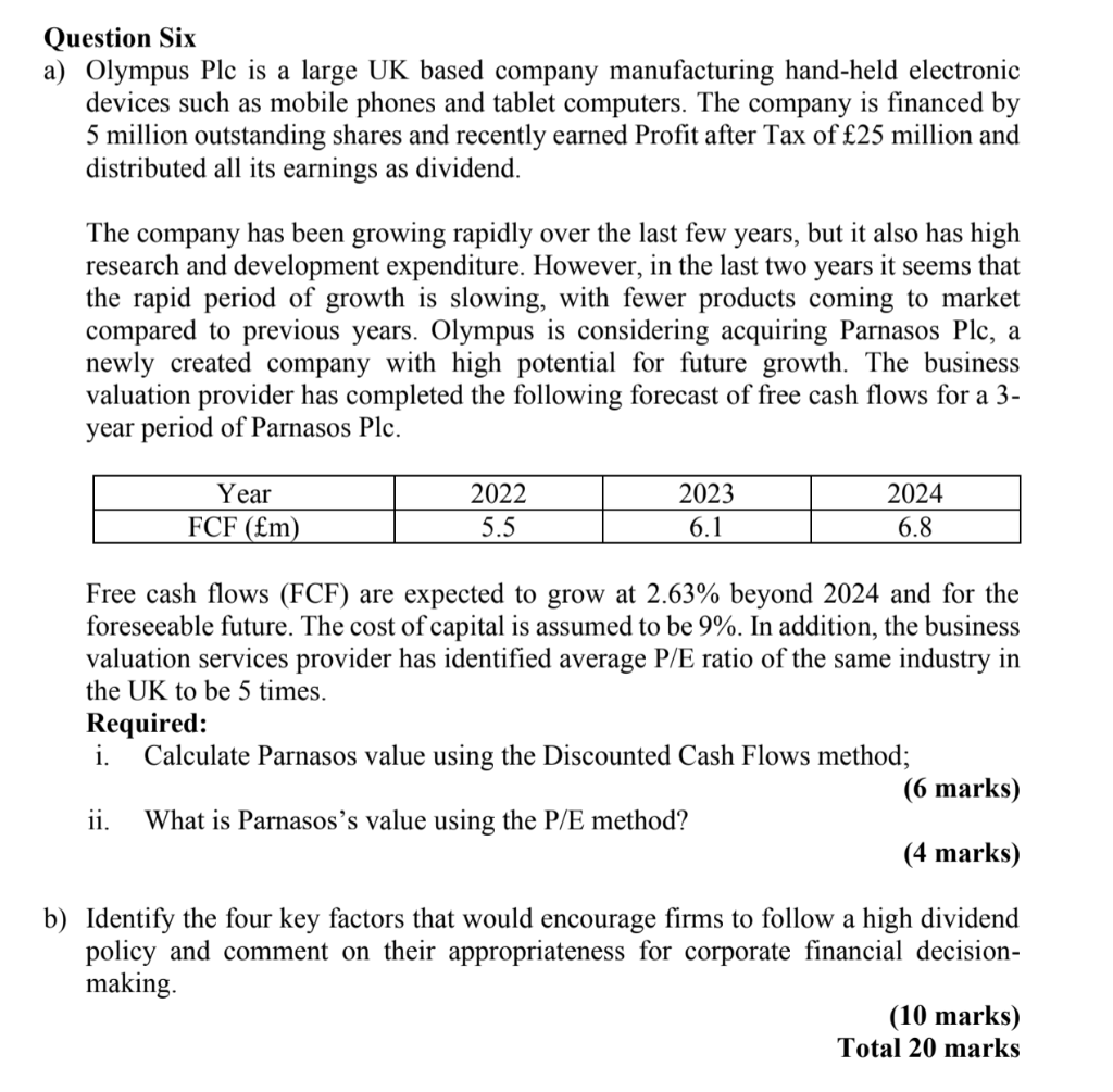Question Six a) Olympus Plc is a large UK based company