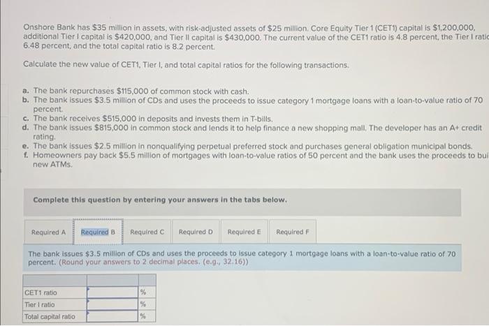 please?... Onshore Bank has $35 million in assets, with risk-adjusted assets of
