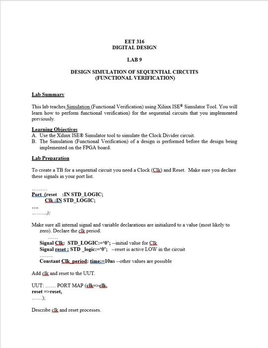  EET 316 DIGITAL DESIGN LAB 9 DESIGN SIMULATION OF SEQUENTIAL CIRCUITS
