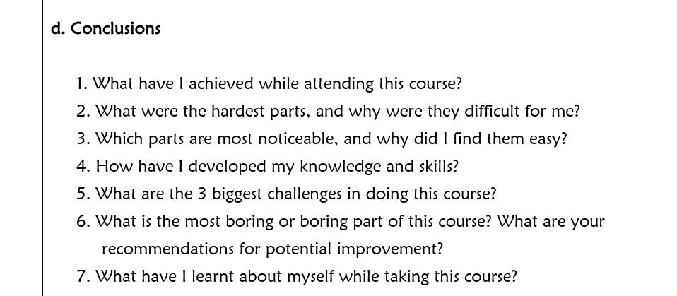  d. Conclusions 1. What have I achieved while attending this course?