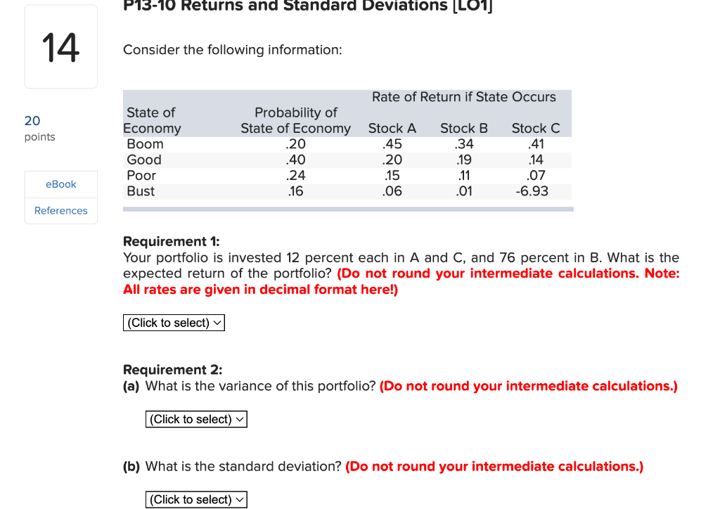  14 20 points eBook References P13-10 Returns and Standard Deviations [LO1]