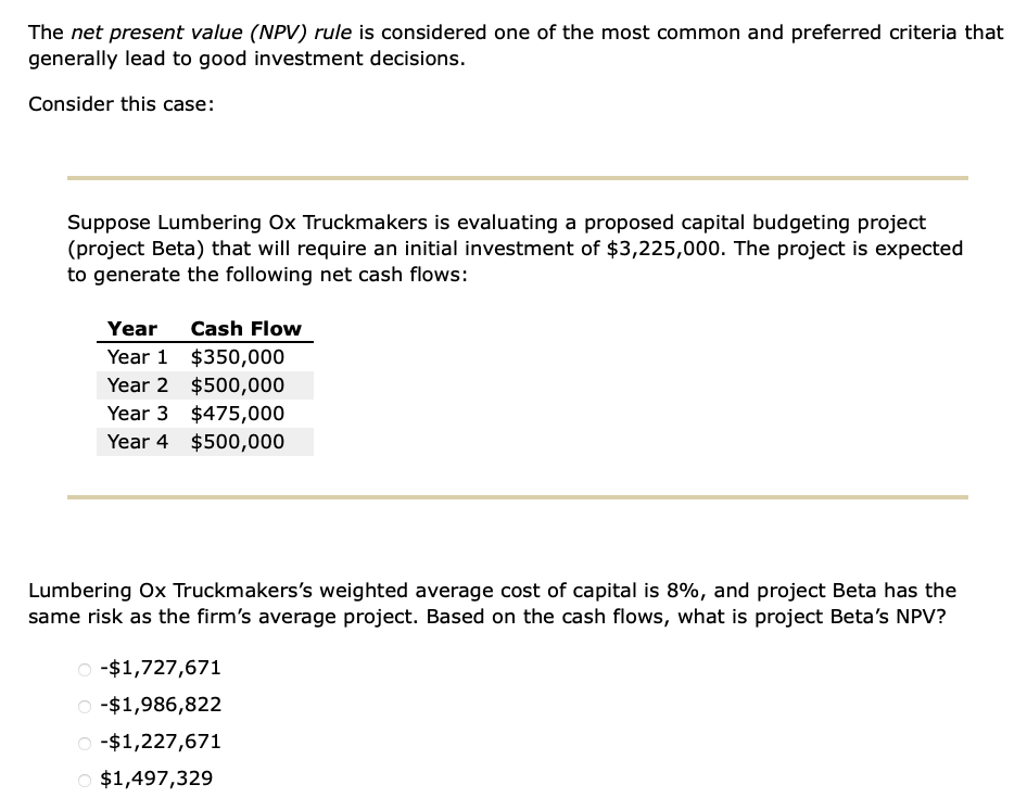Please answer. Will upvote! The net present value (NPV) rule is considered