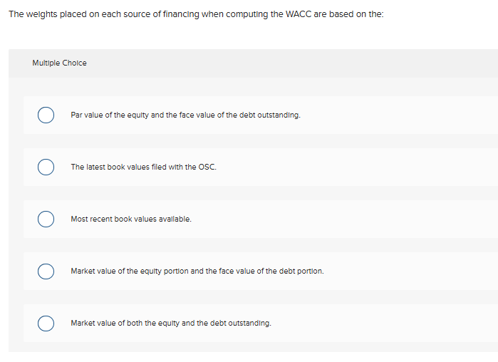  The welghts placed on each source of financing when computing the
