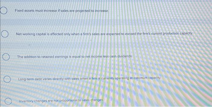 Multiple Choice Fixed assets must increase if sales are projected to increase