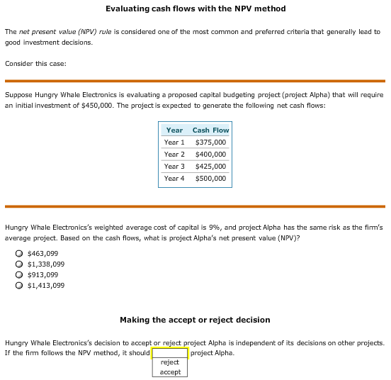  Evaluating cash flows with the NPV method The net present value