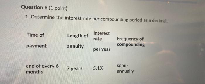  Question 6 (1 point) 1. Determine the interest rate per compounding