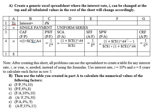  A) Create a generic excel spreadsheet where the interest rate, i,