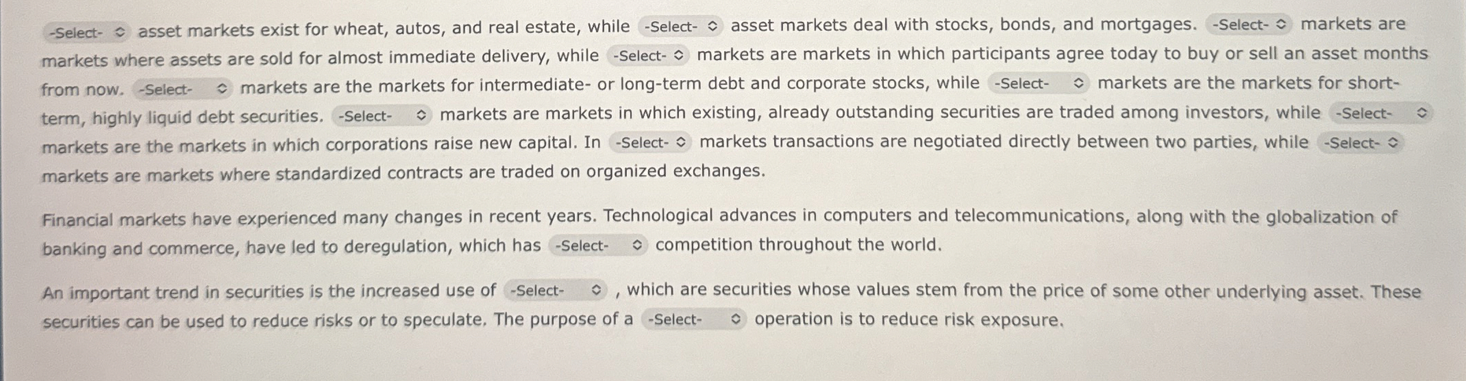  Select- hat(~~) asset markets exist for wheat, autos, and real estate,