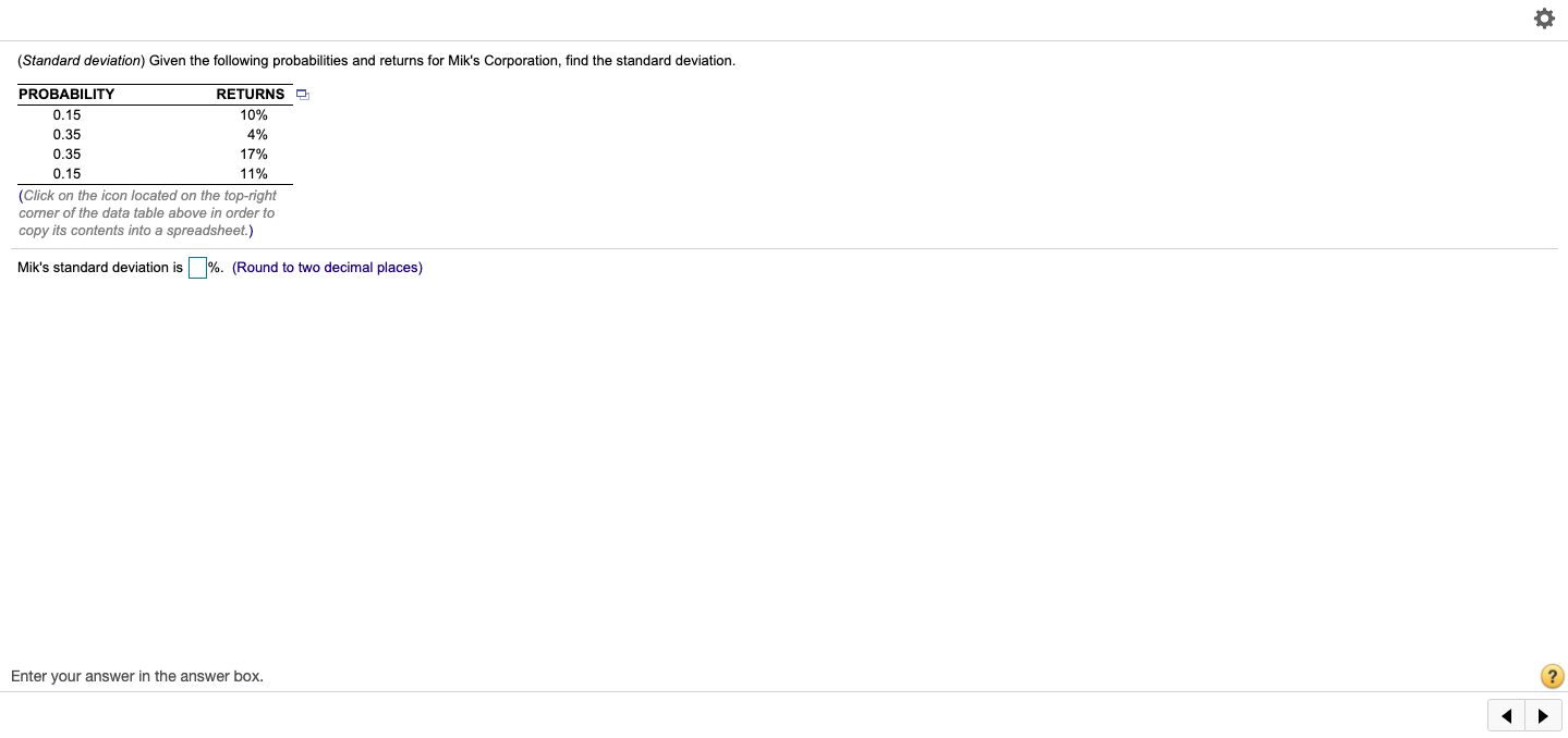 (Standard deviation) Given the following probabilities and returns for Mik's Corporation,