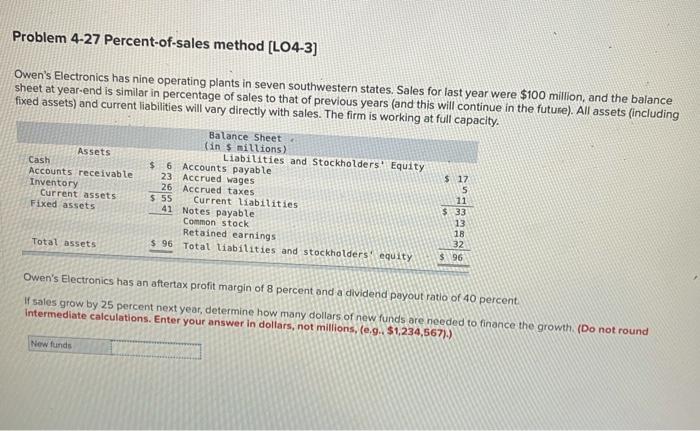  Problem 4-27 Percent-of-sales method [LO4-3) Owen's Electronics has nine operating plants