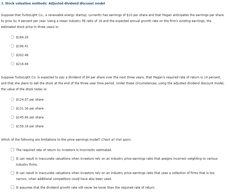  3. Stock valuation methods: Adjusted dividend discount model Suppose that TurboLight