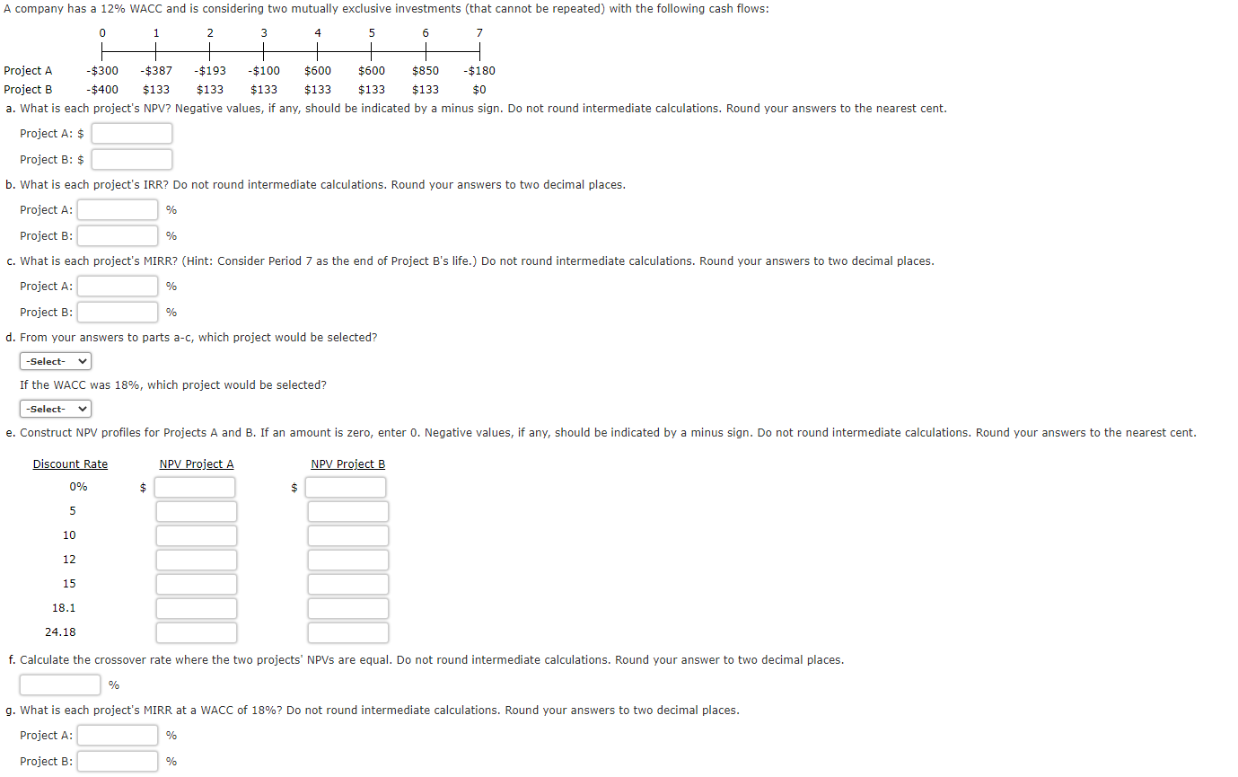 A-G please a. What is each project's NPV? Negative values, if any,
