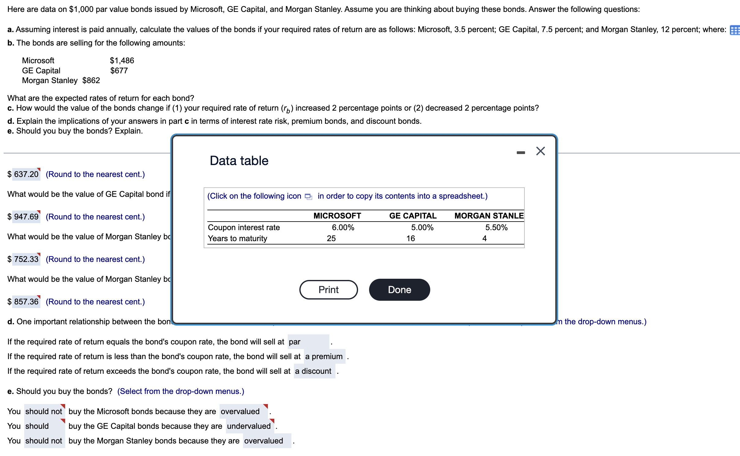 value bonds issued by Microsoft, GE Capital, and Morgan Stanley. Assume you