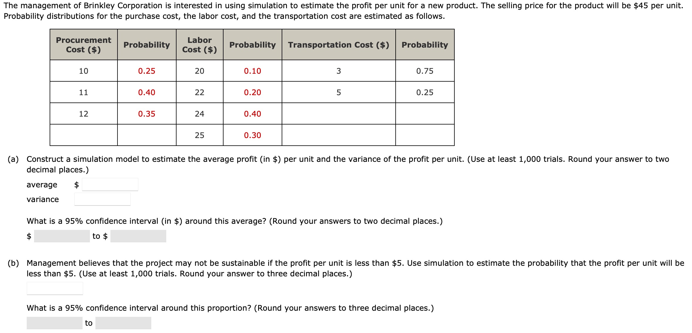(a) Construct a simulation model to estimate the average profit (in